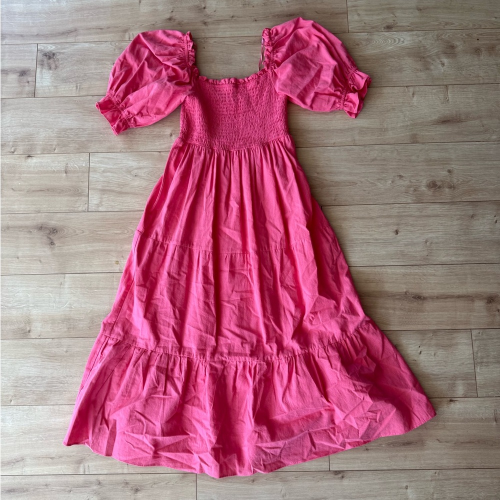 Tuckernuck Pomander Place Pink Puff Sleeve Smocked Midi Dress M Cottagecore - Picture 1 of 6